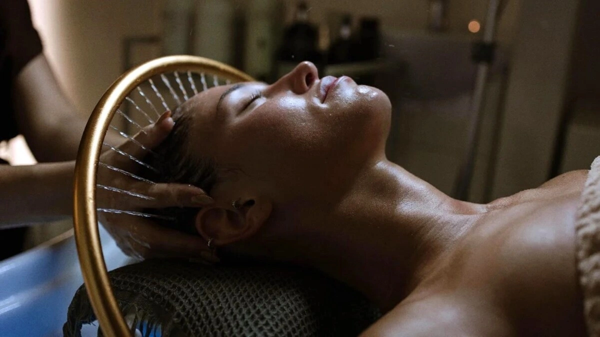 Moteris iš arti atsipalaidavusi užmerktomis akimis per japoniško galvos SPA procedūrą ramiame salone