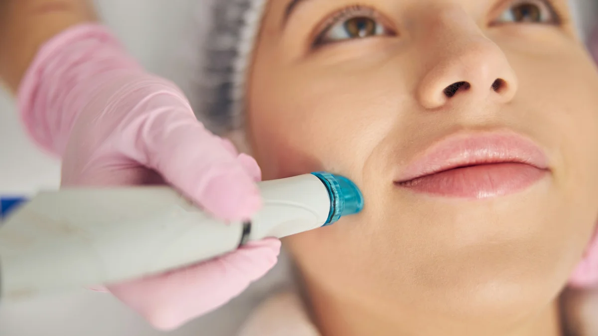 HydraFacial prietaiso, slystančio klientės skruostu per procedūrą salone, stambus planas