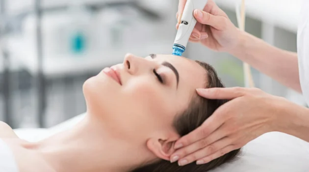 Atsipalaidavusios moters su užmerktomis akimis stambus planas per HydraFacial procedūrą ramiame salone