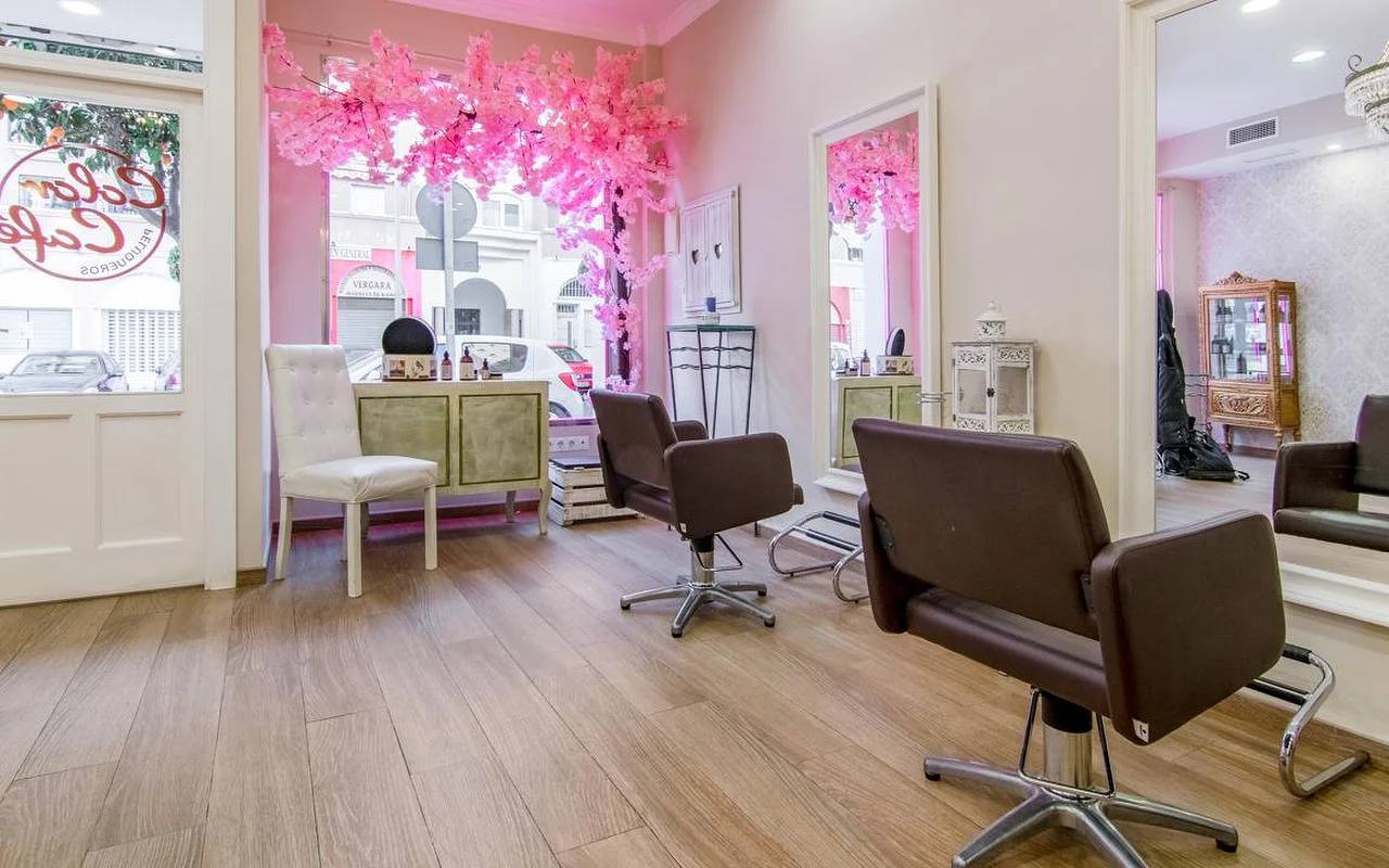 Color Café Peluqueros interjeras Torremolinos mieste, kirpykla rožinėmis sienomis, rudomis formavimo kėdėmis, dideliais veidrodžiais ir rožine žydinčios vyšnios dekoracija vitrinoje.